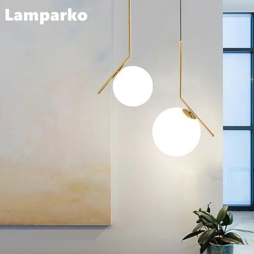 Modern Glass Ceiling Lamp LED Nordic White Orb with Gold Metal Pendant Hanging Light Fixture Island Lamp for Kitchen Bar Counter