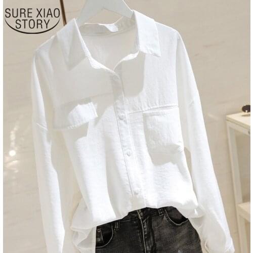 Korean Style Solid Vintage Cardigan Women Tops Clothes Long-Sleeve Shirts Women Cotton Casual White Blouse For Women 8892 50