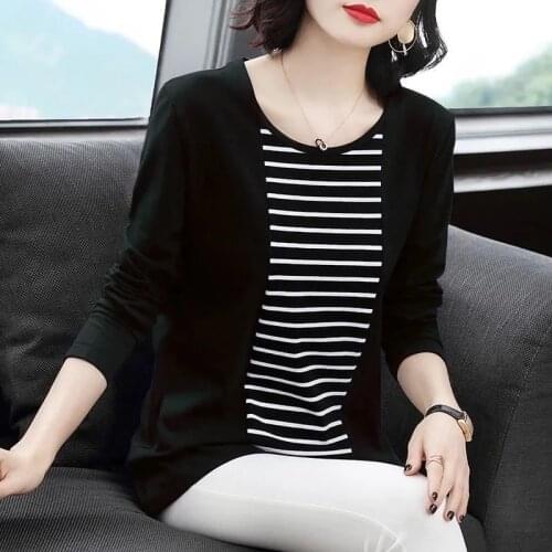 2021 Autumn Spring New O Neck Polyester Long Sleeve womens t-shirt Fashion Korean Style Striped Oversized t shirt