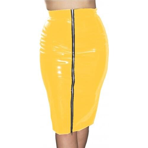Plus Size Women Wet Look Knee Length Bandage Skirt Full Zipper Front High Waist Pencil Midi Skirt Sexy Package Hips PVC Clubwear