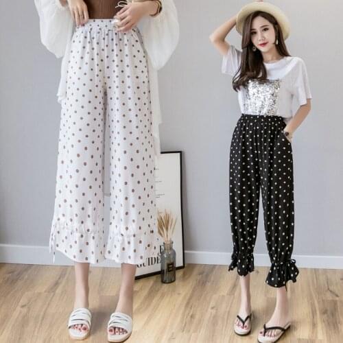 Women High Waist Casual Trousers Pleated Elastic Loose Wave Point Wide Leg Pants