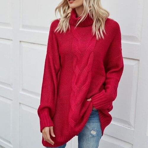 Womens Oversized Sweaters Autumn Winter Females Turtleneck Mid-long Style Twist Crocheting Loose Knitted Shirts