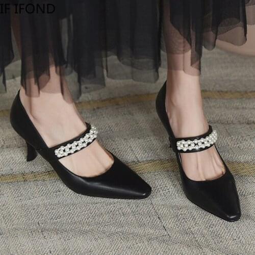 IF IFOND Fashion Pearl Strap Women Pumps Black Elegant Pointed Toe Thin Heels Shoes Women Patent Leather Ladies Wedding Shoes