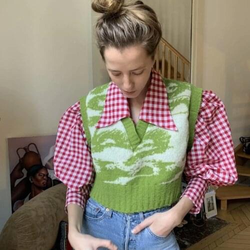 Fashion Tank Sweaters Green Hem Slit Sweater Tops Pullover 2021 Autumn Women Sleeveless V-neck Knitted Vest Women Sweaters