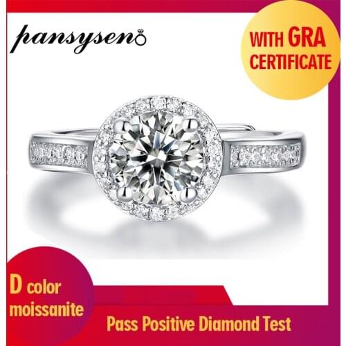 PANSYSEN Real Silver 925 Jewelry Round Cut 1ct Moissanite Wedding Finger Rings for Women White Gold Color Fine Jewelry Ring Gift