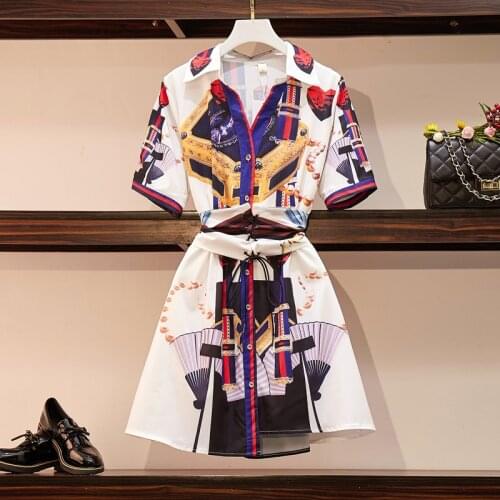 2020 Fashion Summer Runway Shirt Dress Women Short Sleeve Single-Breasted Vintage Printed Striped Dresses Female Sashes Dress