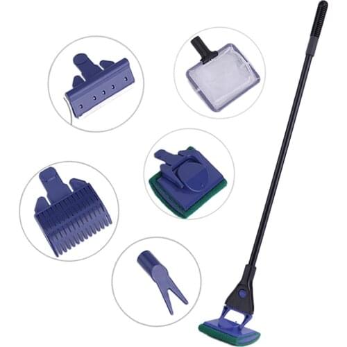 5 In 1 Glass Fish Tank Aquarium Glass Brush Fish Net Long Handle Cleaner Gravel Rake Algae Scraper Cleaning Tool