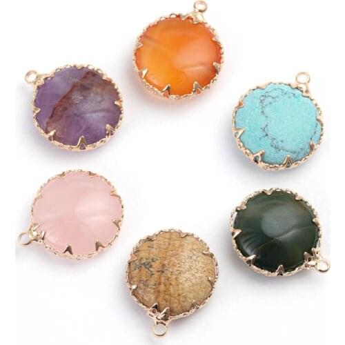 DC 2pcs/lot Natural Stone Pendants Turquoises Round Necklace Bracerlet Copper Float Charms For Women DIY Crafts Jewelry Finding