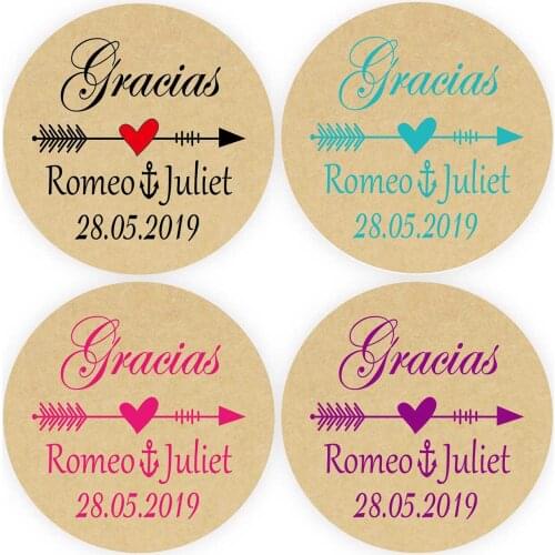 DouxArt 100 Pieces Personalized Stickers Gracias, 4CM Kraft Heart Arrow Wedding Seals Handmade Communion Invitation Labels