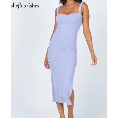 Elegant dress women party midi dress sexy sleeveless dresses bodycon square neck dresses white black dress purple split 2021