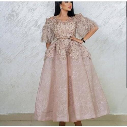 Elegant Muslim Evening Dresses Ball Gown Ankle Length Lace Beaded Dubai Saudi Arabic Long Evening Gown Prom