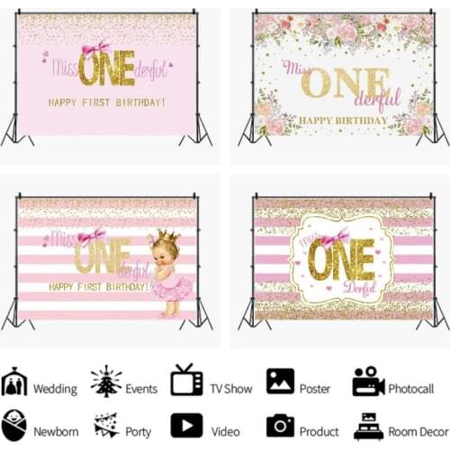 Happy Babys 1st Birthday Gold Font Pink Background Party Decorative Photography Studio Photo Child Room Ornament Backdrop