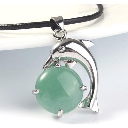 FYSL Silver Plated Lovely Dolphin Amethysts Stone Pendant Rope Chain Necklace Green Aventurine Jewelry