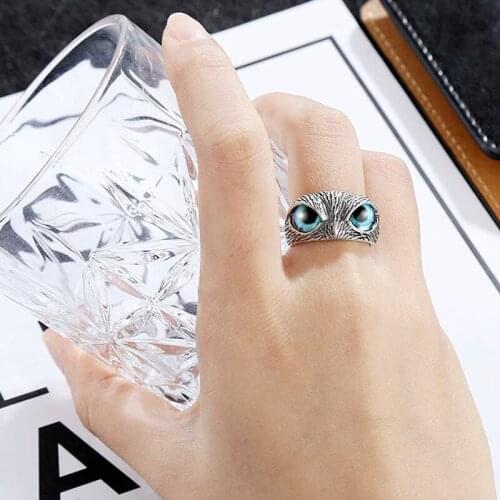 Gothic Fashion Hip Hop Retro Exaggerated Animal Blue Eyes Owl Opening Men And Women Ring Jewelry Halloween Gift Adjustable