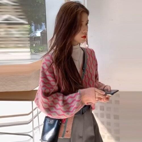 Autumn and winter fashion new style striped V-neck sweater jacket women cardigan retro long-sleeved color matching knitted top