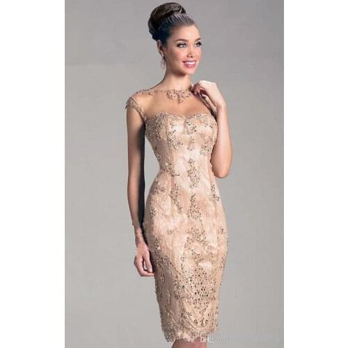 Champagne Cocktail Dresses Sheath Cap Sleeves Knee Length Beaded Lace Party Homecoming Dresses
