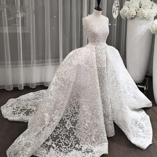 Dubai Lace Wedding Dresses 2020 With Detachable Train Saudi Arabic Bridal Gowns Over-skirt Appliques Abiye Vestidos De Noiva