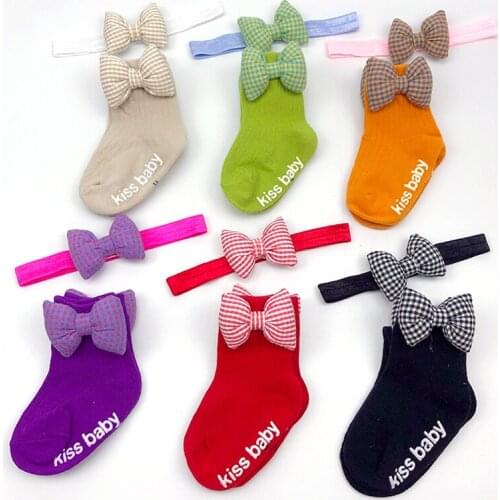2Pcs/Set 0 to 3Y Spring Summer Baby Socks +Headband Solid Color Infant Baby Floor Socks Soft Cotton Anti-Slip Socks For Girls
