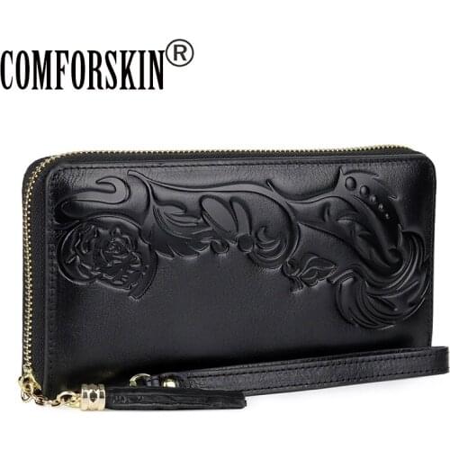 COMFORSKIN Luxurious Cowhide Leather Unique Embossing Flower Ladies Zipper Purse 2019 Long Chinese Style Women Organizer Wallet