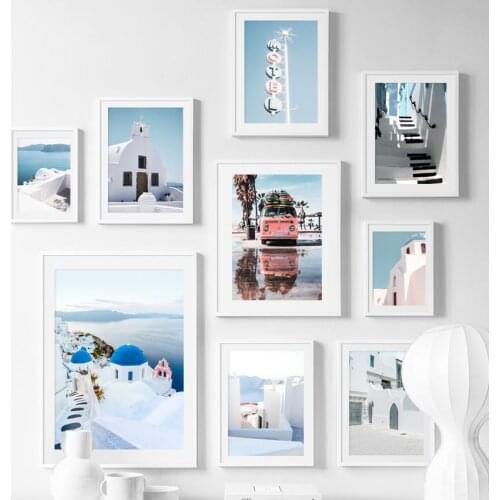 Santorini Sea Bus Palm Tree Retro Building Wall Art Canvas Painting Nordic Posters And Print Wall Pictures For Living Room Decor