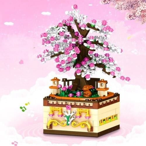 City Street View Series Romantic Cherry Blossom Music Box Building Blocks Bricks Toys Christmas Gifts