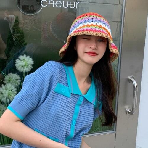 Straw Hat rainbow Crochet Panamas UV Protection Sun Visor Beach Hats Women Visors Foldable Summer Sun Gorros