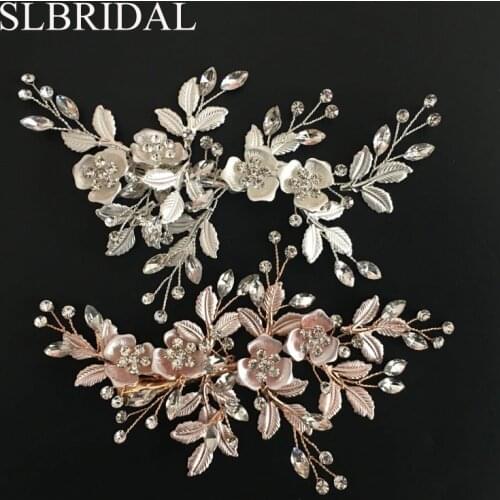 SLBRIDAL Alloy Rose Gold Austrian Crystals Rhinestones Flower Leaf Wedding Hair Clip Barrettes Bridal Headpiece Hair accessories