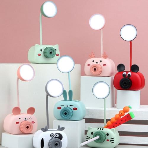 USB Charger LED Lighting Children Student Eye Protection Desk Lamps Cartoon Piggy Pen Holder Pencil Sharpener Mini Table Lamp