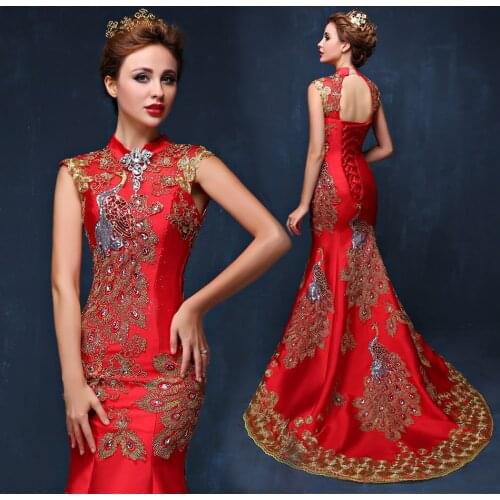 Luxury Blue Red Embroidered Chinese Evening Dress Long Cheongsam Bride Wedding Qipao Mermaid Host Dresses Oriental Qi Pao