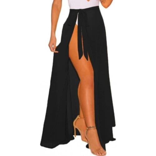 Women Summer Sun-Proof Skirt Solid Color High-Waist Tied Straps Swimsuit Cover for Girls Black White