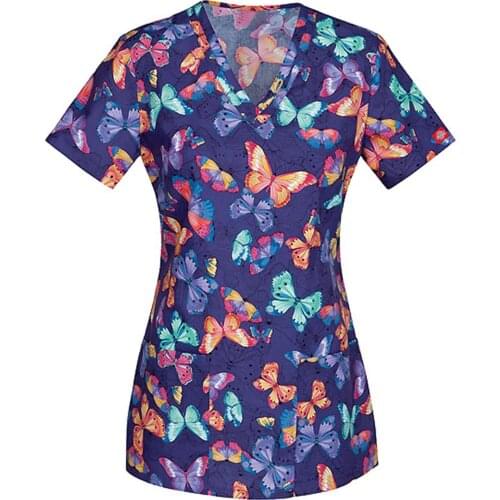 Ladies Short Sleeve V-Neck Workwear Cartoon Print Working Uniform Woman Polyester Casual Medical Nursing Uniformes de enfermeria
