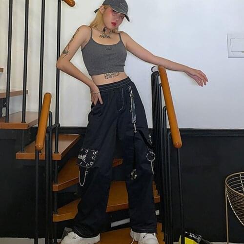 Female Baggy Fashion White Trousers Loose Black Cargo Pants Gothic Harajuku Women Chain Wide Leg Goth Hippie Streetwear 2021