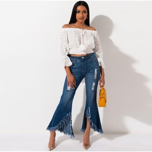 Womens Casual Hole Hem Wide leg Denim Trousers