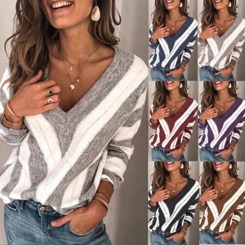 COLDKER Autumn Womens Fashion plus size Sweater Long Sleeve Tops Deep V-neck Striped Pullover Sweater Loose tops ladies