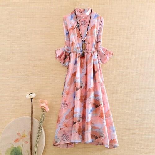 High-end Spring And Summer Women Chinese Style Tencel Linen Printing Dress Elegant Slim Lady A-line Floral Qipao Dress S-XXL