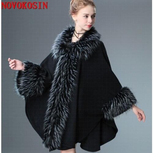 2021 Winter Warm Black White Dip Dye Fake Raccoon Fur Long Loose Poncho Outstreet Cape Autumn Big Collar Women Cardigan Coat