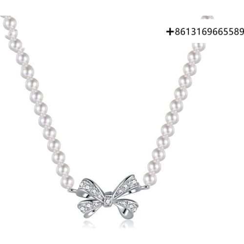 Link Series S925 Silver Bow Pearl Necklace Ladies Silver Ablende Collarbone Chain