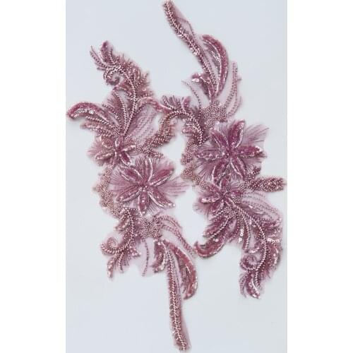 1pair Luxury beaded embroidered lace appliques for wedding dresses Rhinestone lace applique patches Embroidery lace parches ropa