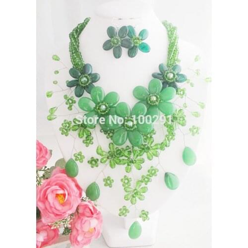 2020-5-20-731# Beautiful Green Crystal Natural stone Flower Necklace Earring