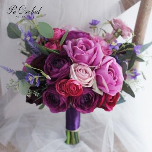 PEORCHID Classic Fall Plum Purple Bridal Bouquet Ramos De Novia Artificial Rose Rustic Boho Faux Flowers Wedding Bouquet New