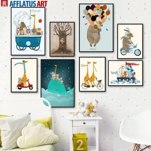 Cute Bear Fox Giraffe Raccoon Tree Sea Animals Wall Art Canvas Painting Nordic Posters And Prints Wall Pictures Kids Room Decor