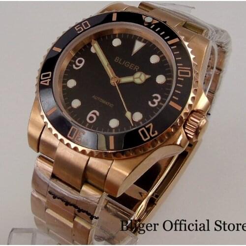 BLIGER All Rose Gold Coated Automatic Men Watch 21 jewel miyota 8215 Oyster Strap Luminous Dial Date Display Screwdown Crown