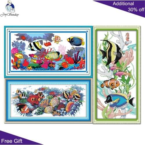 Joy Sunday Tropical Fish Needlework D043(1)D043(2)D592(3) Home Decor 14CT 11CT Tropical Fish Animal Cross Stitch Kits