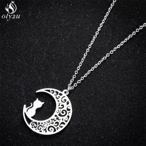 Oly2u New Necklace 2020 Trendy Cat On the Moon Necklaces Pendants Punk Jewelry Lovely Animal Pet Cat Necklace Kolye Collares