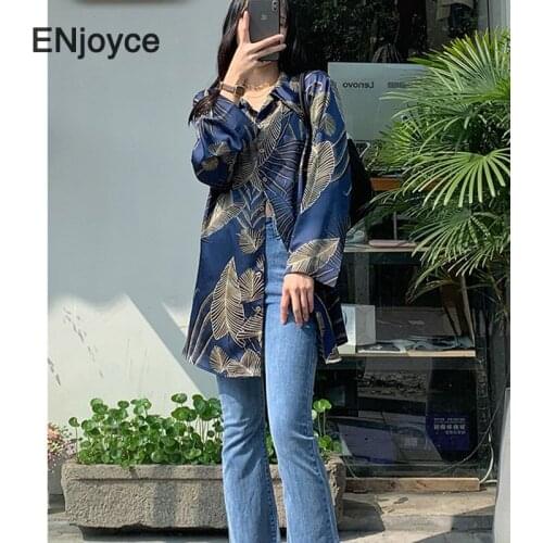 Spring Autumn Vintage Printed Satin Shirts Women Single Breasted Blouse Casual Loose Long Sleeve Blouses Ladies Shirt Clothes