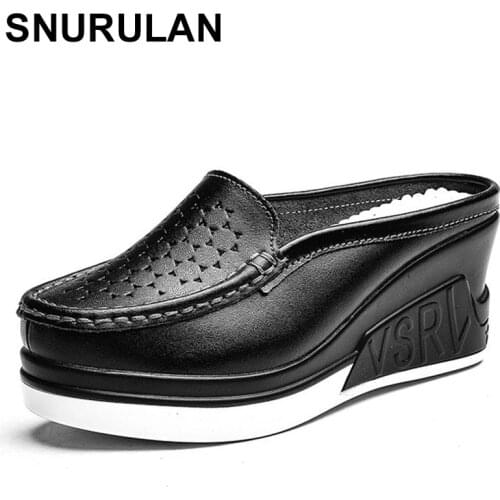 SNURULAN Summer Genuine Leather Women Wedges Slippers Cut-Outs Wedge Heel Sandals Shoes Woman Thick Bottom White Ladies HighHeel