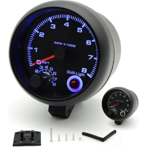 3.75" 95mm Tachometer RPM Gauge Black Face Blue LED 0-8000 rpm For warning function