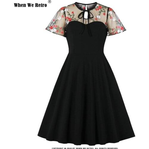 A Line Mesh Short Sleeve Black Dress VD2133 Women Ladies Halloween Party Floral Embroidery Gothic Dress