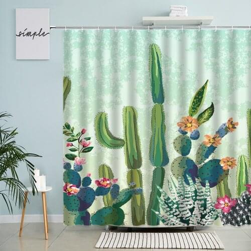 Tropical Jungle Cactus Shower Curtain Green Plants Flowers Flamingo Animal Bathroom Screen European Style Wall Decor With Hooks