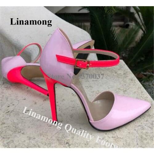 Linamong Newest Pointed Toe Patent Leather Patchwork Stiletto Heel Pumps Purple Red Mixed-colors High Heels Formal Dress Shoes